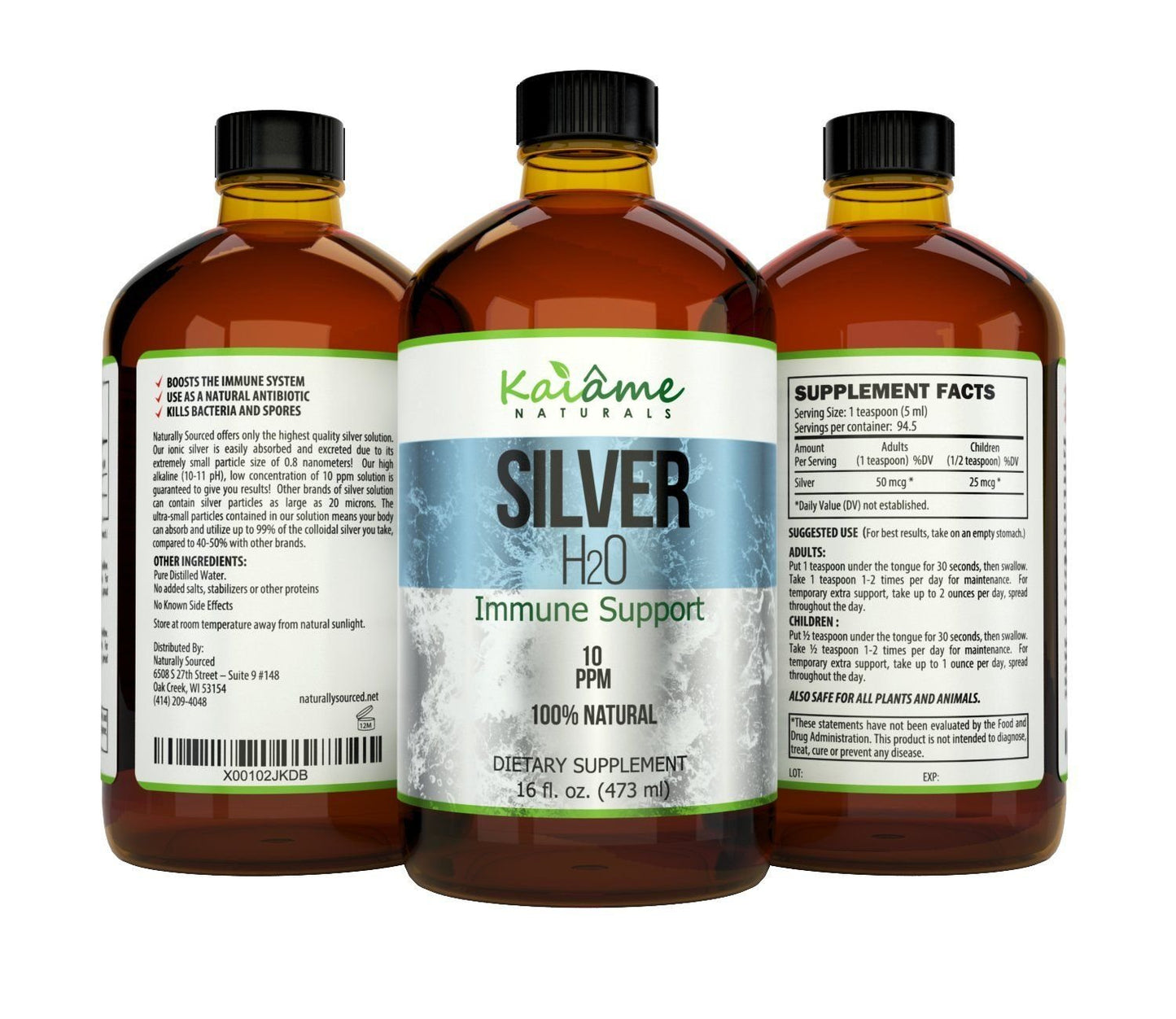 Kaiame Naturals Colloidal Silver 10 PPM - 16 oz Glass Bottle | Pure Silver Hydrosol