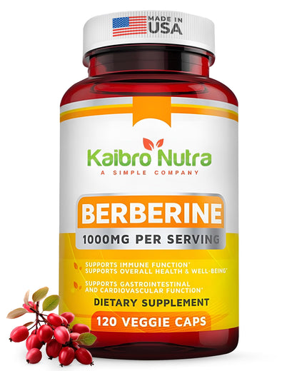 Kaibro Nutra Berberine 1000mg Supplement – Immune, Glucose & Circulatory Health | Vegan & Gluten-Free, 120 Capsules