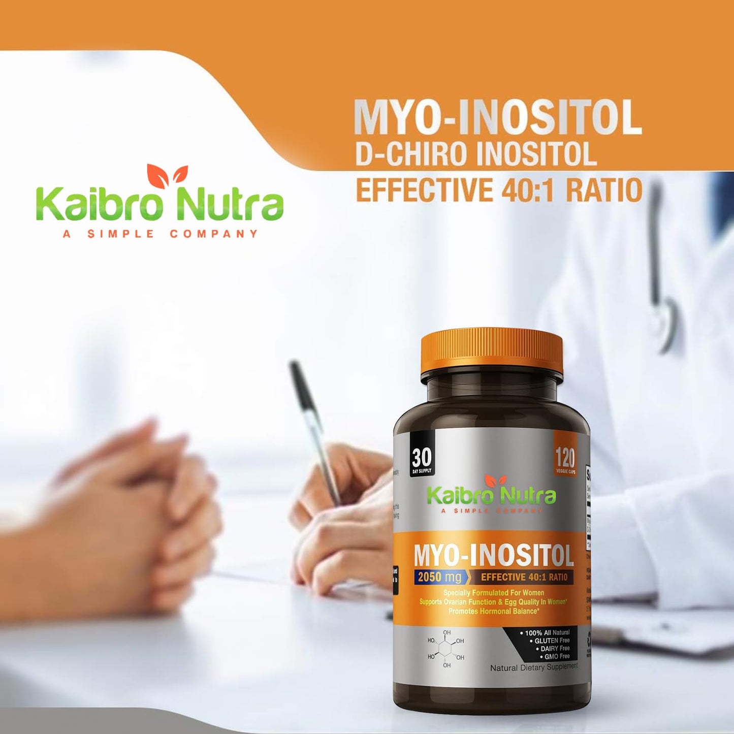 Kaibro Nutra Myo-Inositol 40:1 – Hormone Balance & Ovarian Support (120 Caps x 2, Vegan, Non-GMO)