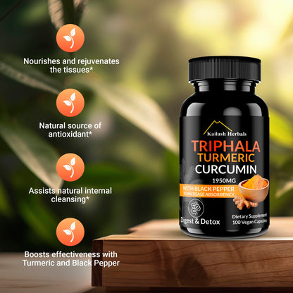 Kailash Herbals Triphala Turmeric Curcumin 1950mg – 100 Vegan Capsules | Digestive Health