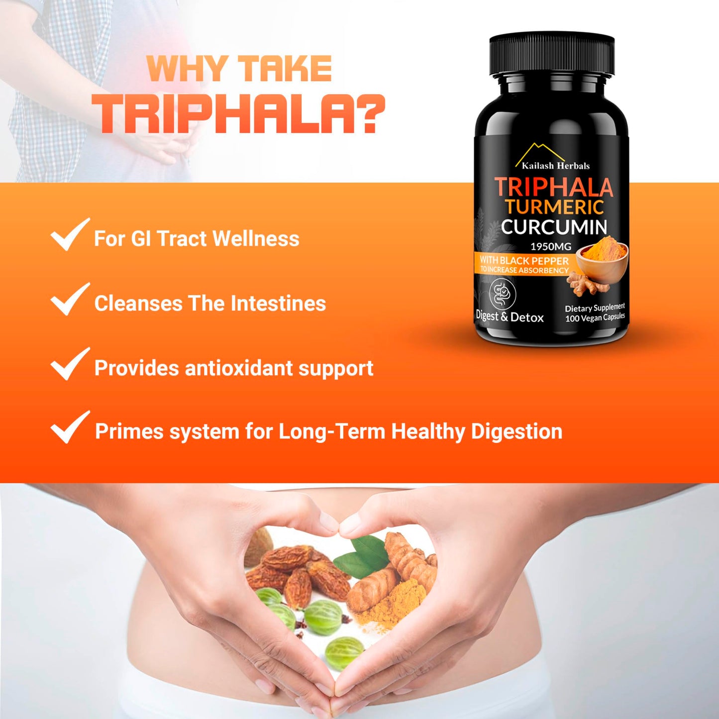 Kailash Herbals Triphala Turmeric Curcumin 1950mg – 100 Vegan Capsules | Digestive Health