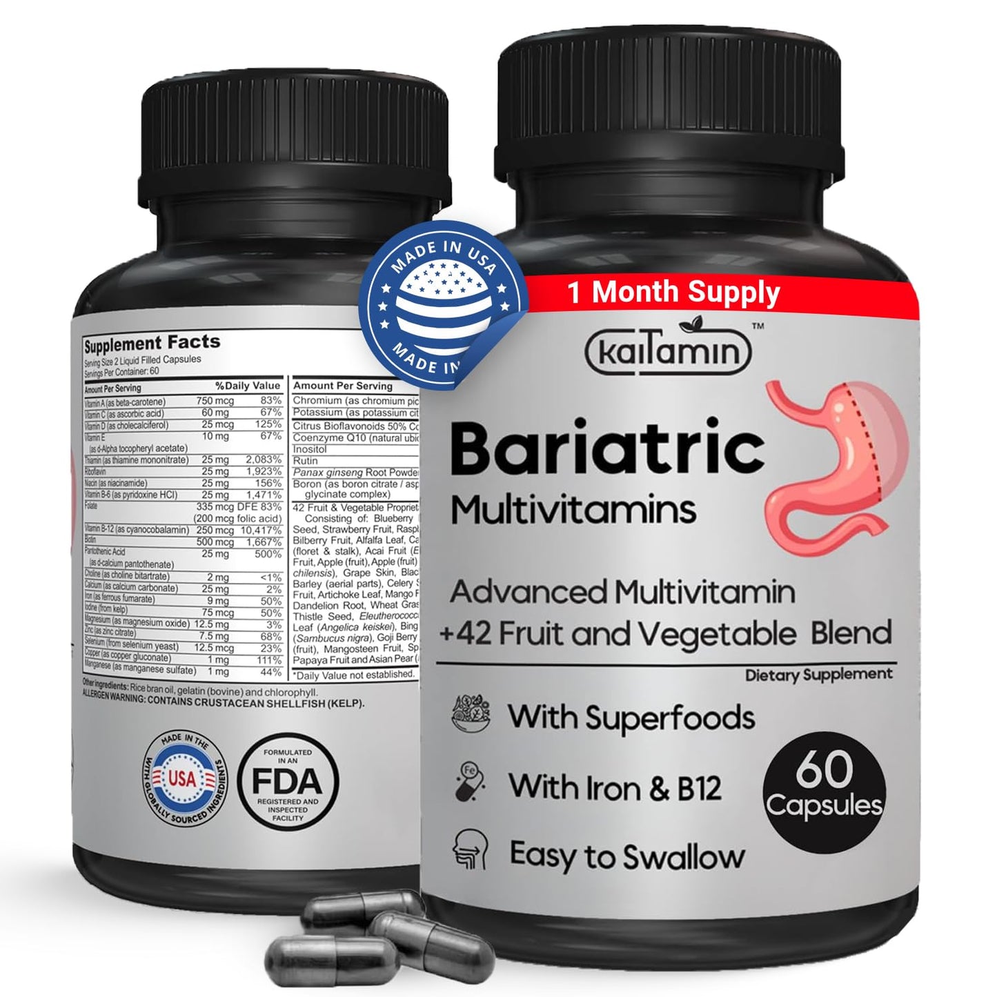 Kaitamin Bariatric Multivitamin with Iron – Post-Surgery Recovery, 60 Liquid Capsules