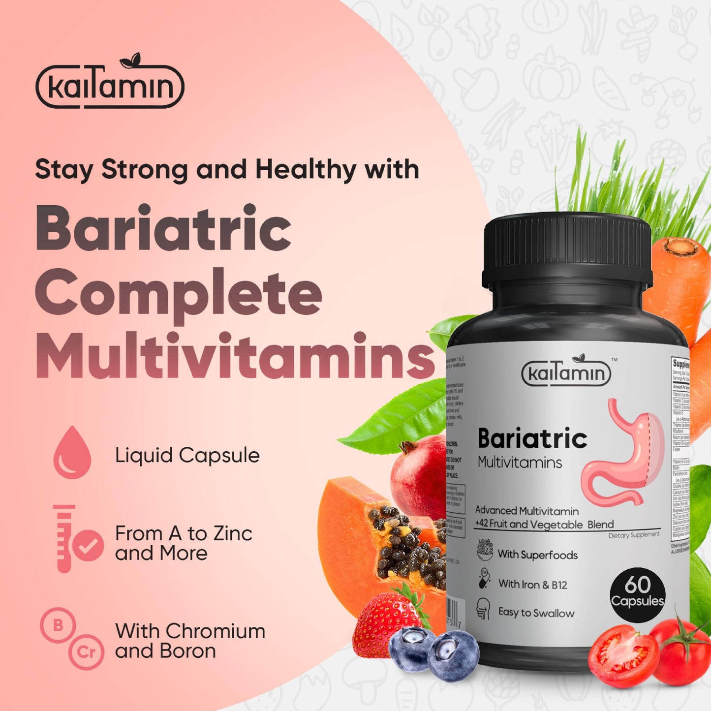 Kaitamin Bariatric Multivitamin with Iron – Post-Surgery Recovery, 60 Liquid Capsules