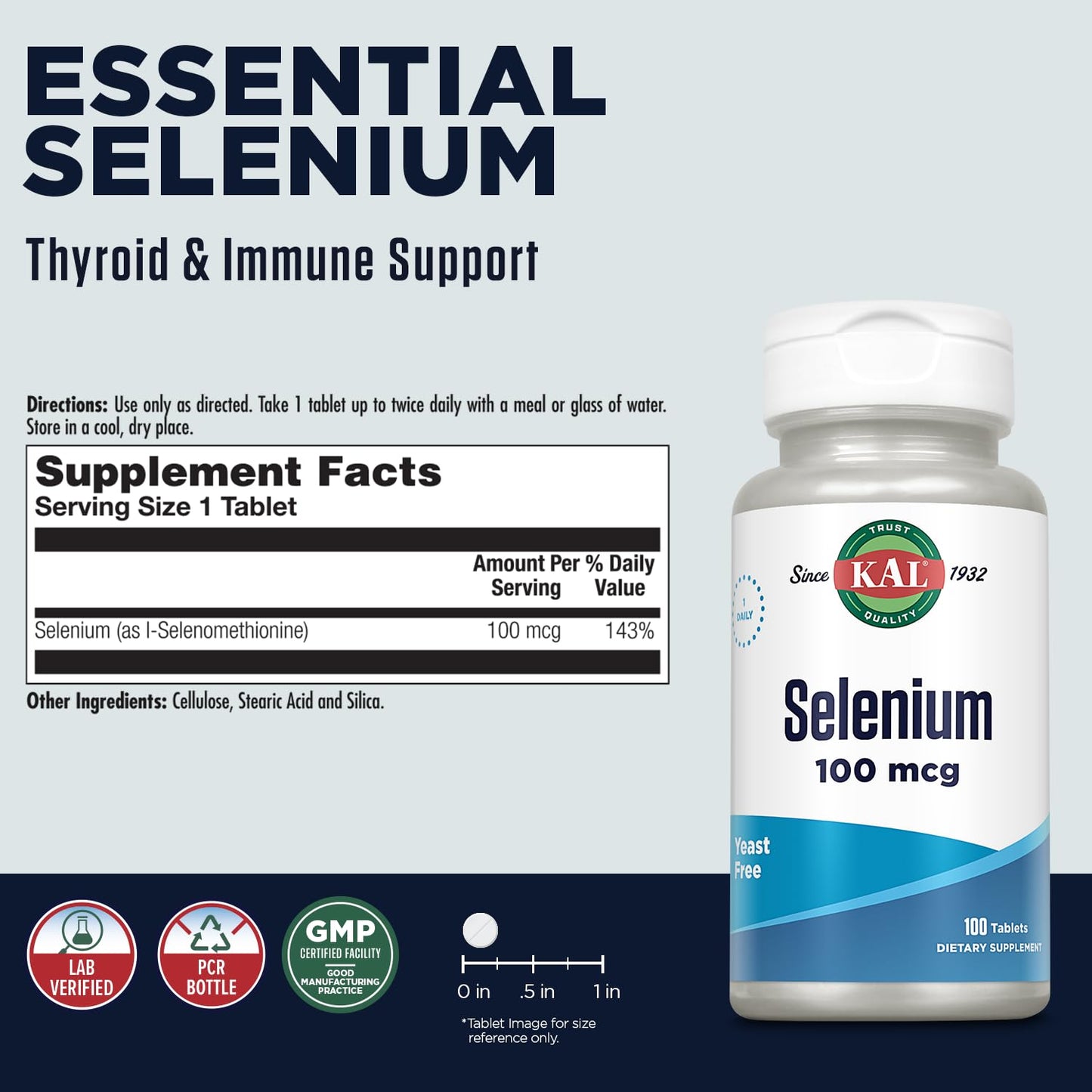 Kal 100 mcg Selenium Yeast Free Tablets - 100 Count