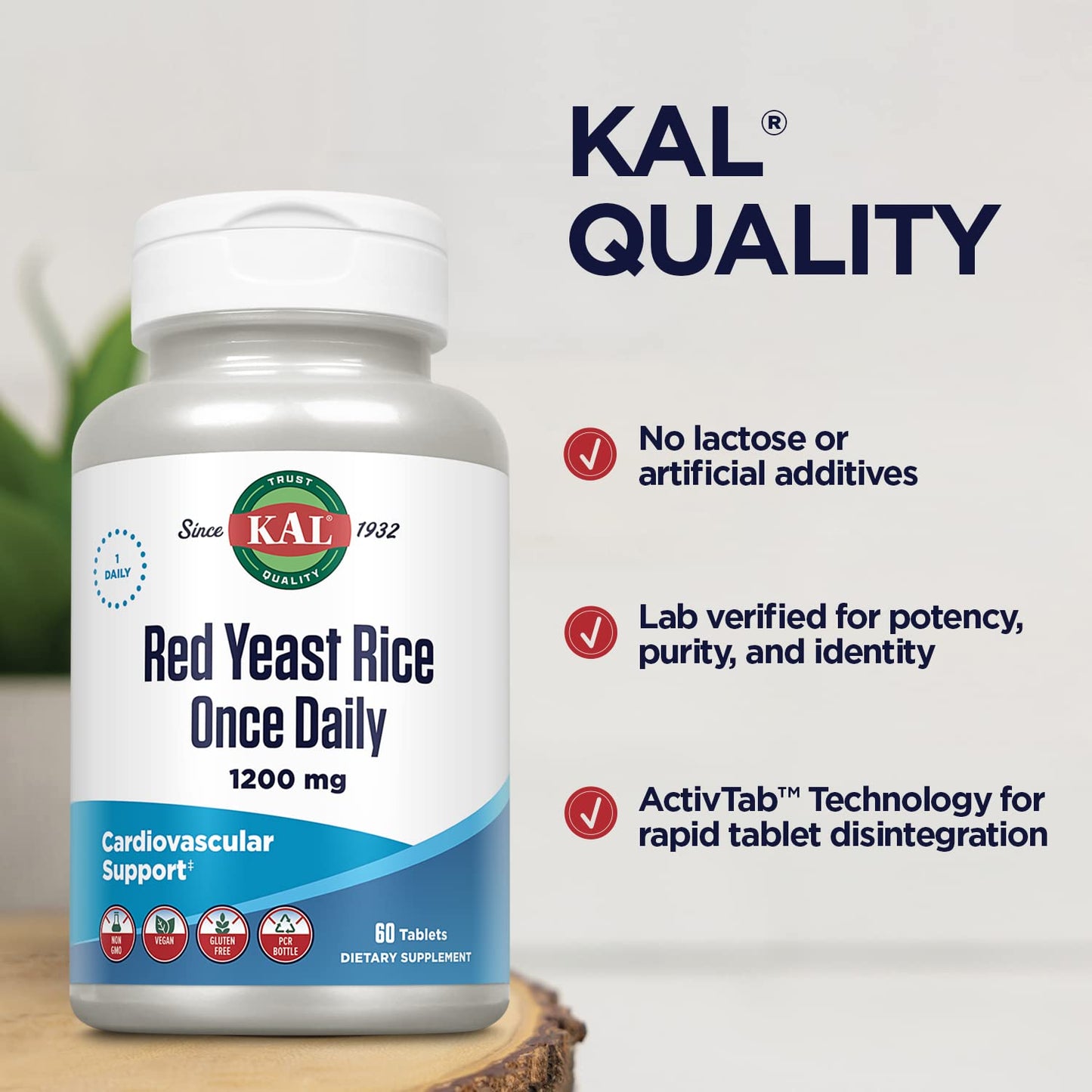 KAL 1200 mg Red Yeast Rice, 60 Count | Heart Health Support