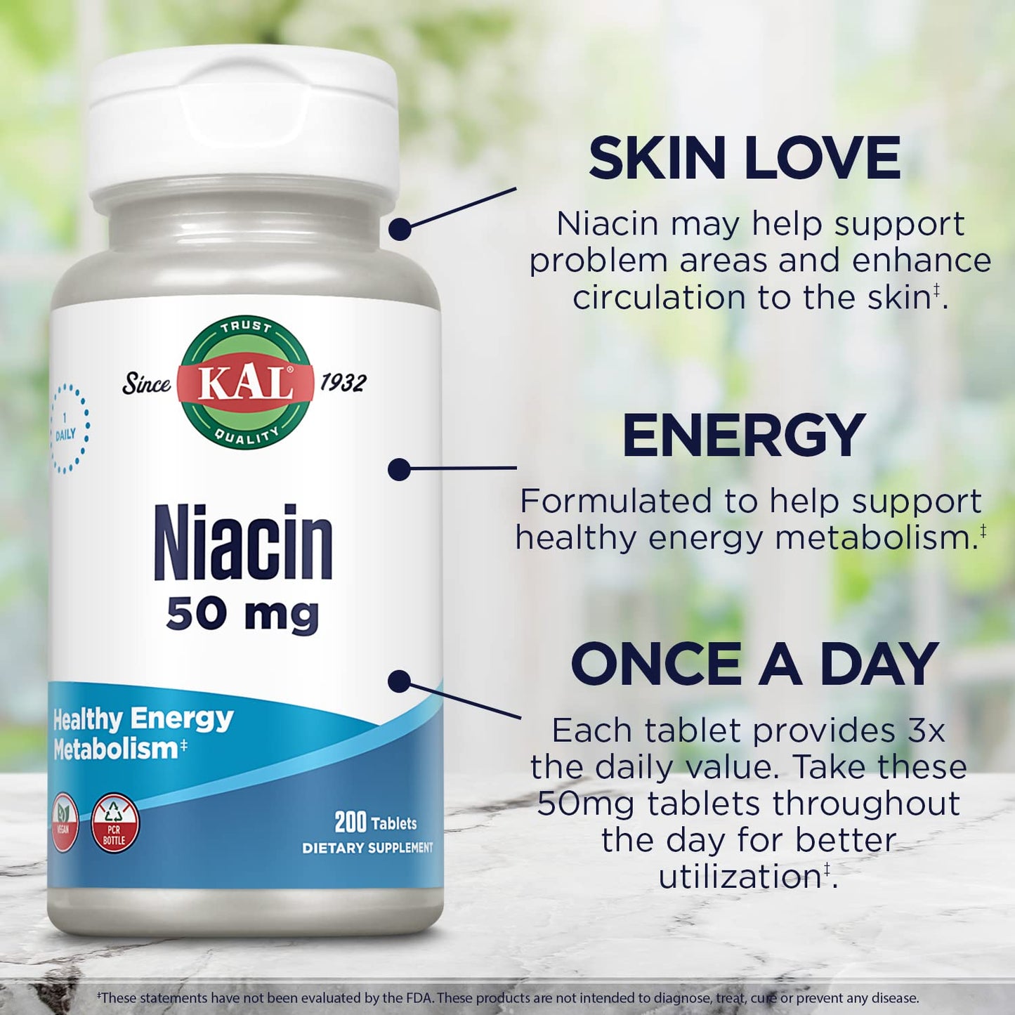 Kal 50 Mg Niacin Tablets, 200 Count | Vitamin B3 Supplement