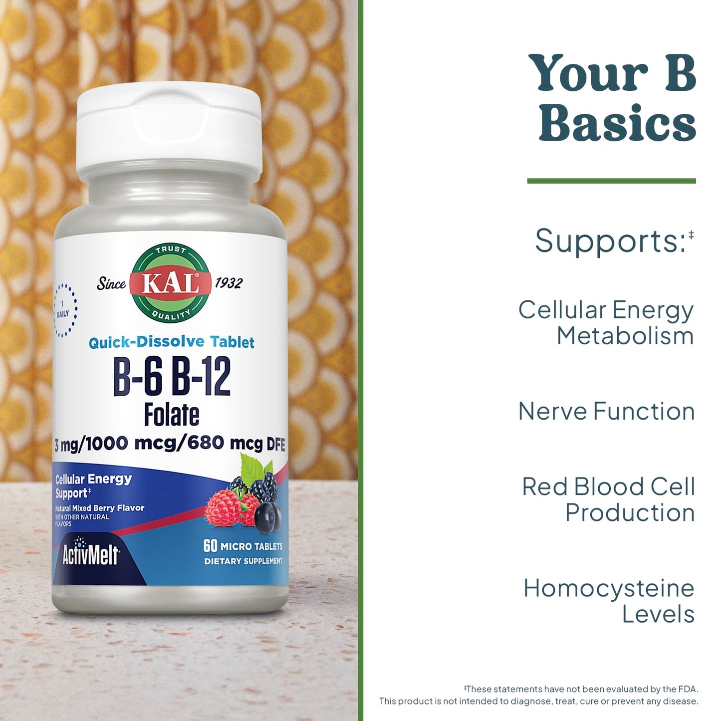 KAL Vitamin B-6, B-12 & Folic Acid – Heart Health & Energy, 60 Servings
