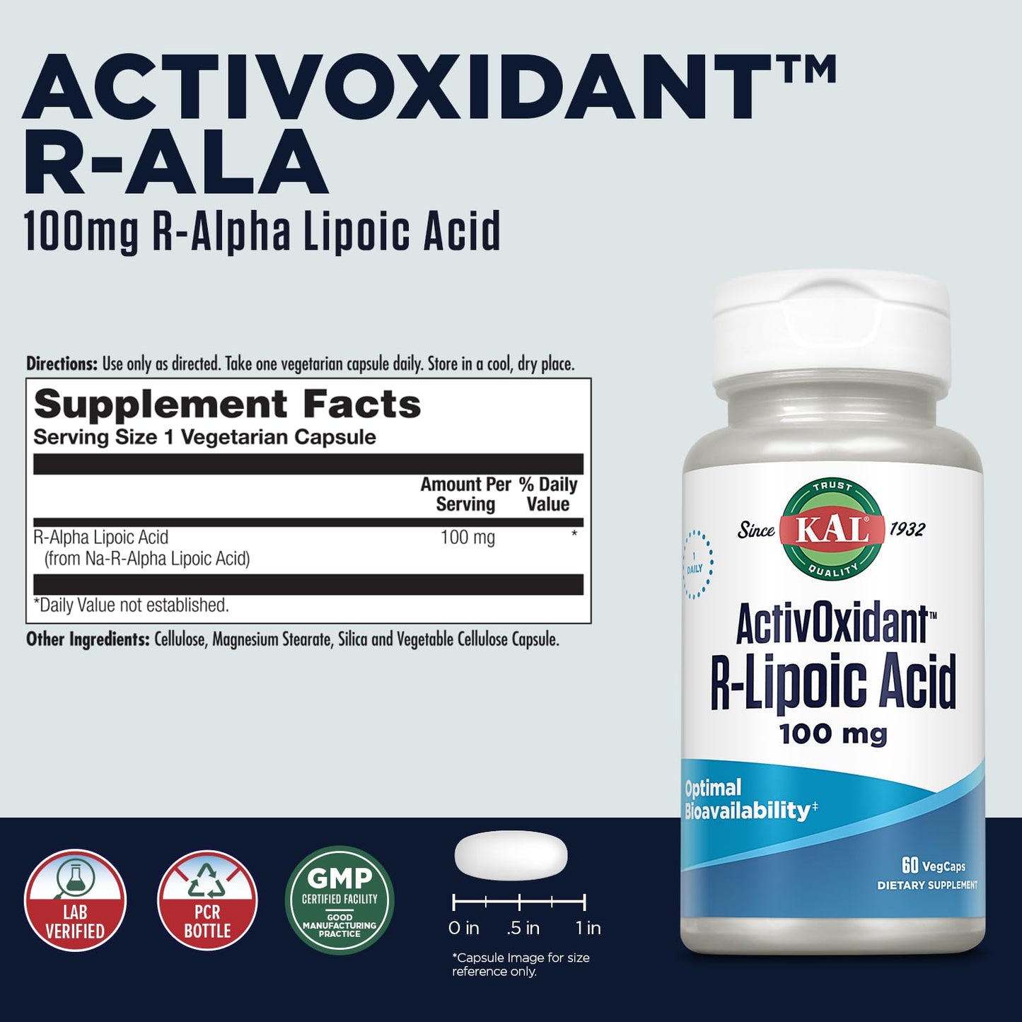 KAL ActivOxidant 100 mg R-Lipoic Acid Tablets, 60 Count