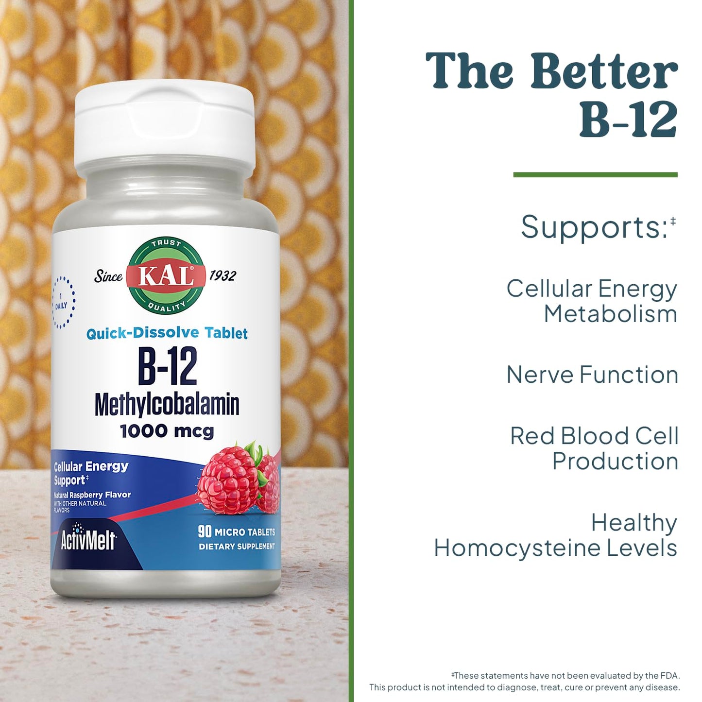KAL Vitamin B12 Methylcobalamin 1000mcg | Fast-Dissolve ActivMelt