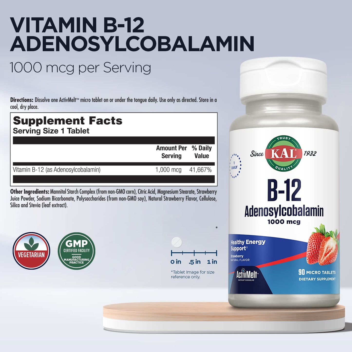 KAL B12 Adenosylcobalamin 1000mcg | Energy Support | Strawberry ActiveMelt