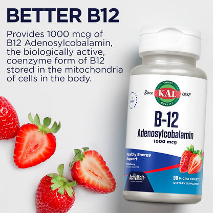 KAL B12 Adenosylcobalamin 1000mcg | Energy Support | Strawberry ActiveMelt