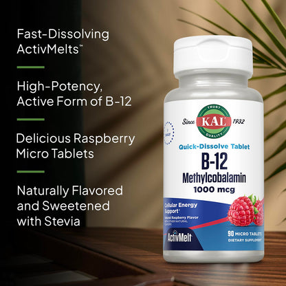 KAL Vitamin B12 Methylcobalamin 1000mcg | Fast-Dissolve ActivMelt