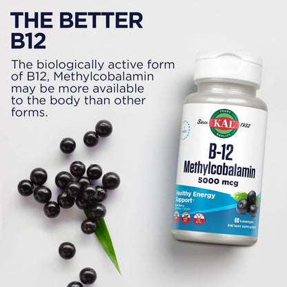 KAL B-12 Methylcobalamin Lozenges 5000mcg – Acai Flavor, Vegan, Sugar Free, 60 Servings