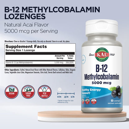 KAL B-12 Methylcobalamin Lozenges 5000mcg – Acai Flavor, Vegan, Sugar Free, 60 Servings