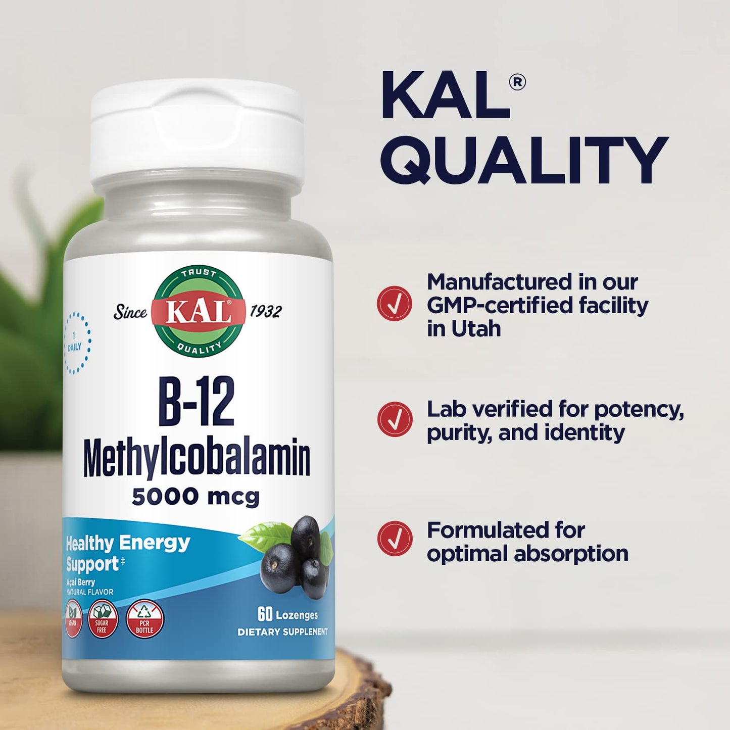 KAL B-12 Methylcobalamin Lozenges 5000mcg – Acai Flavor, Vegan, Sugar Free, 60 Servings