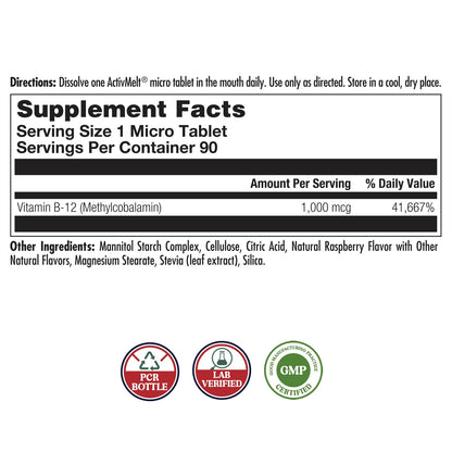 KAL Vitamin B12 Methylcobalamin 1000mcg | Fast-Dissolve ActivMelt