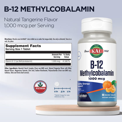 KAL Vitamin B12 Methylcobalamin 1000mcg | ActivMelt, Tangerine Flavor
