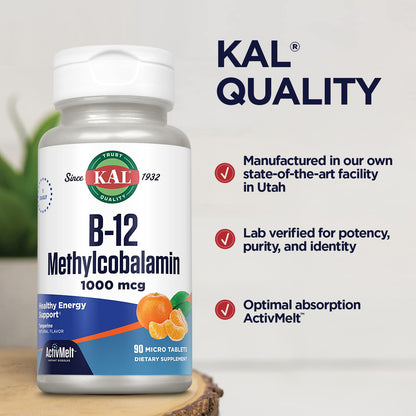 KAL Vitamin B12 Methylcobalamin 1000mcg | ActivMelt, Tangerine Flavor