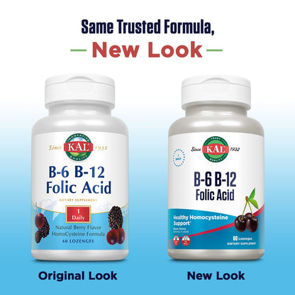 KAL Vitamin B-6 B-12 Folic Acid Supplement – Energy & Heart Support | Gluten Free, Cherry