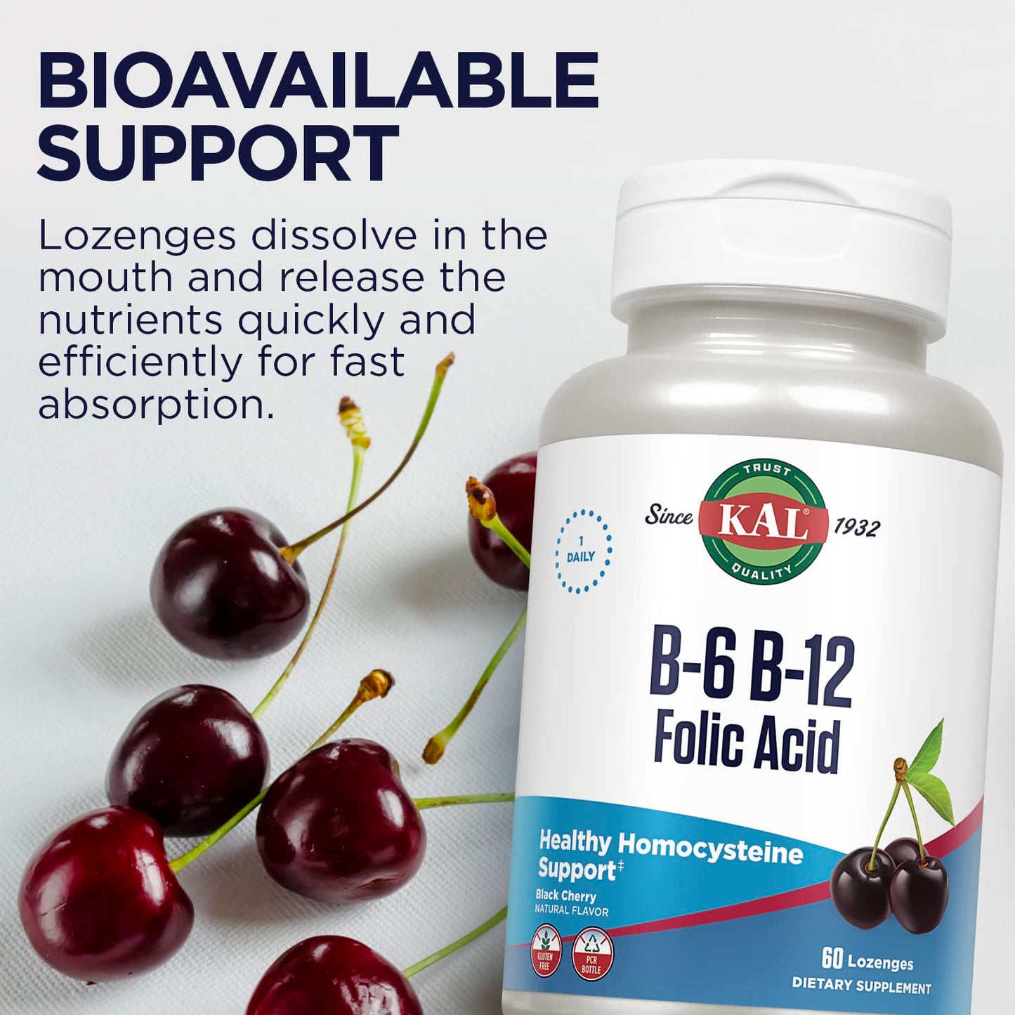 KAL Vitamin B-6 B-12 Folic Acid Supplement – Energy & Heart Support | Gluten Free, Cherry