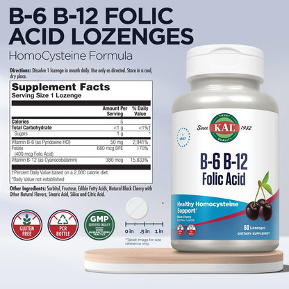KAL Vitamin B-6 B-12 Folic Acid Supplement – Energy & Heart Support | Gluten Free, Cherry