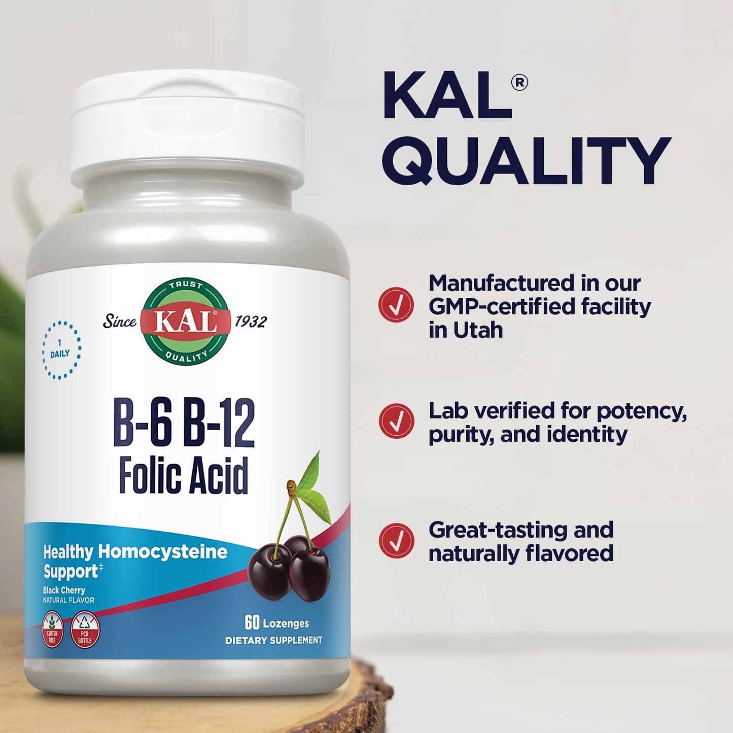 KAL Vitamin B-6 B-12 Folic Acid Supplement – Energy & Heart Support | Gluten Free, Cherry