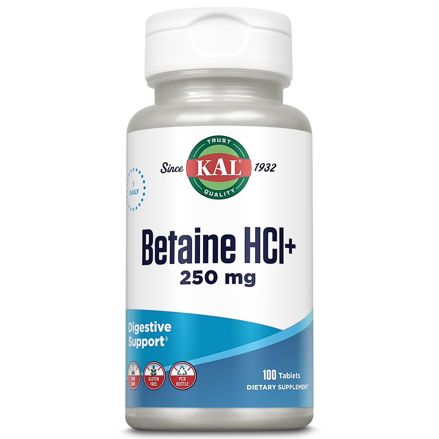 KAL Betaine HCL with Pepsin – Digestive Health Supplement, 250mg HCl + 130mg Pepsin, Gluten Free, Non-GMO, 100 Servings, 100 Count
