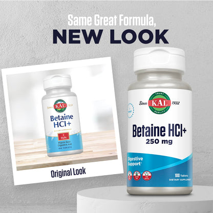 KAL Betaine HCL with Pepsin – Digestive Health Supplement, 250mg HCl + 130mg Pepsin, Gluten Free, Non-GMO, 100 Servings, 100 Count