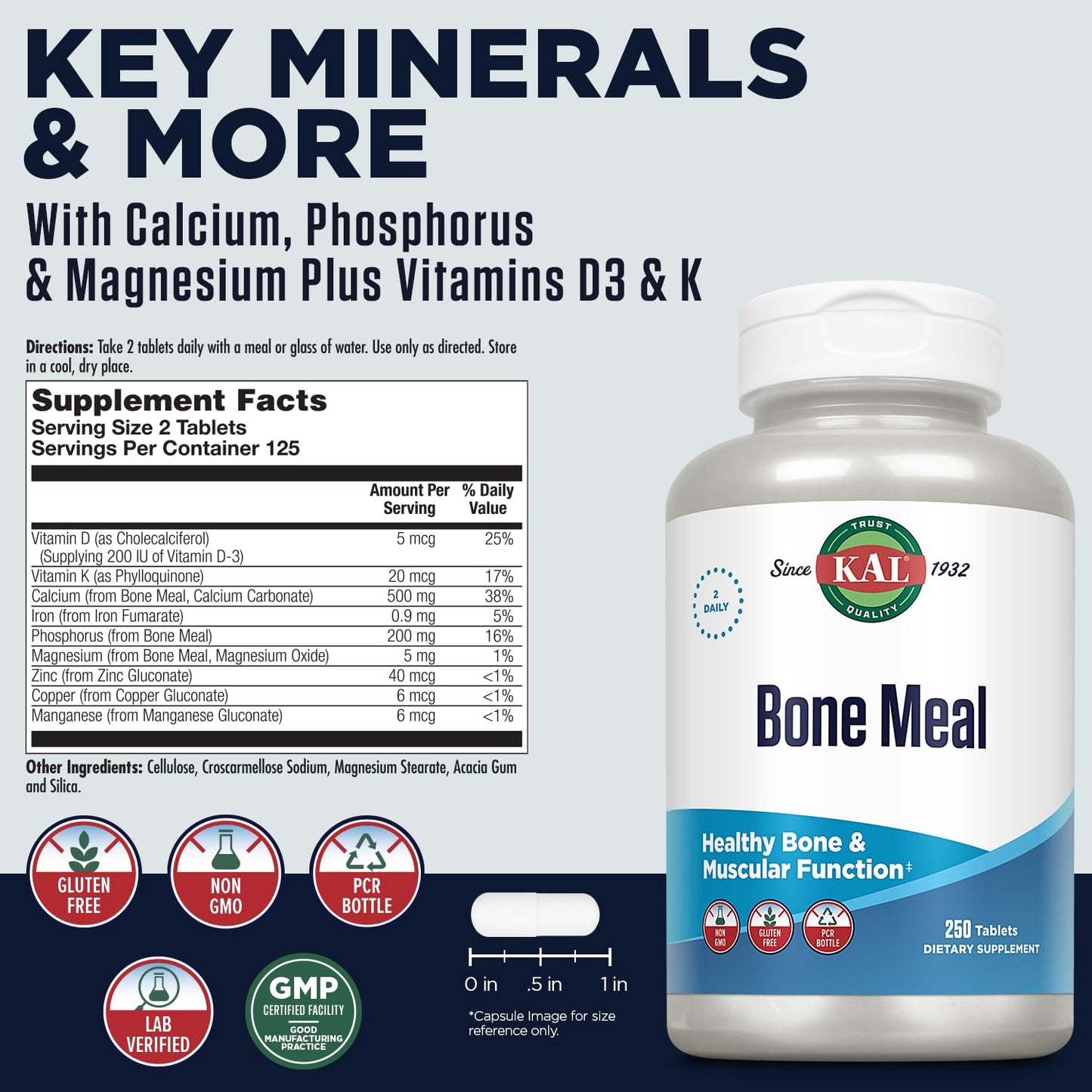 KAL Bone Meal Tablets – Calcium, Magnesium, Vitamin D3 & K | Bone Health Support