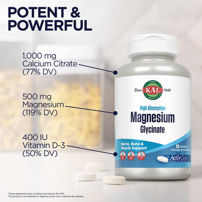 KAL Cal-Citrate+ Calcium Citrate + Vitamin D-3 & Magnesium | 120 Tablets (30 Servings) | Gluten Free