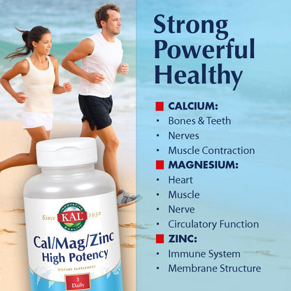 KAL Cal/Mag/Zinc 1000/400/15 mg – Bone, Muscle & Immune Support (100 ct)