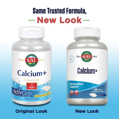 KAL Calcium+ ActivGels 1000mg | Calcium, Magnesium, Zinc & Vitamin D-3 | 100 Softgels | Soy Free