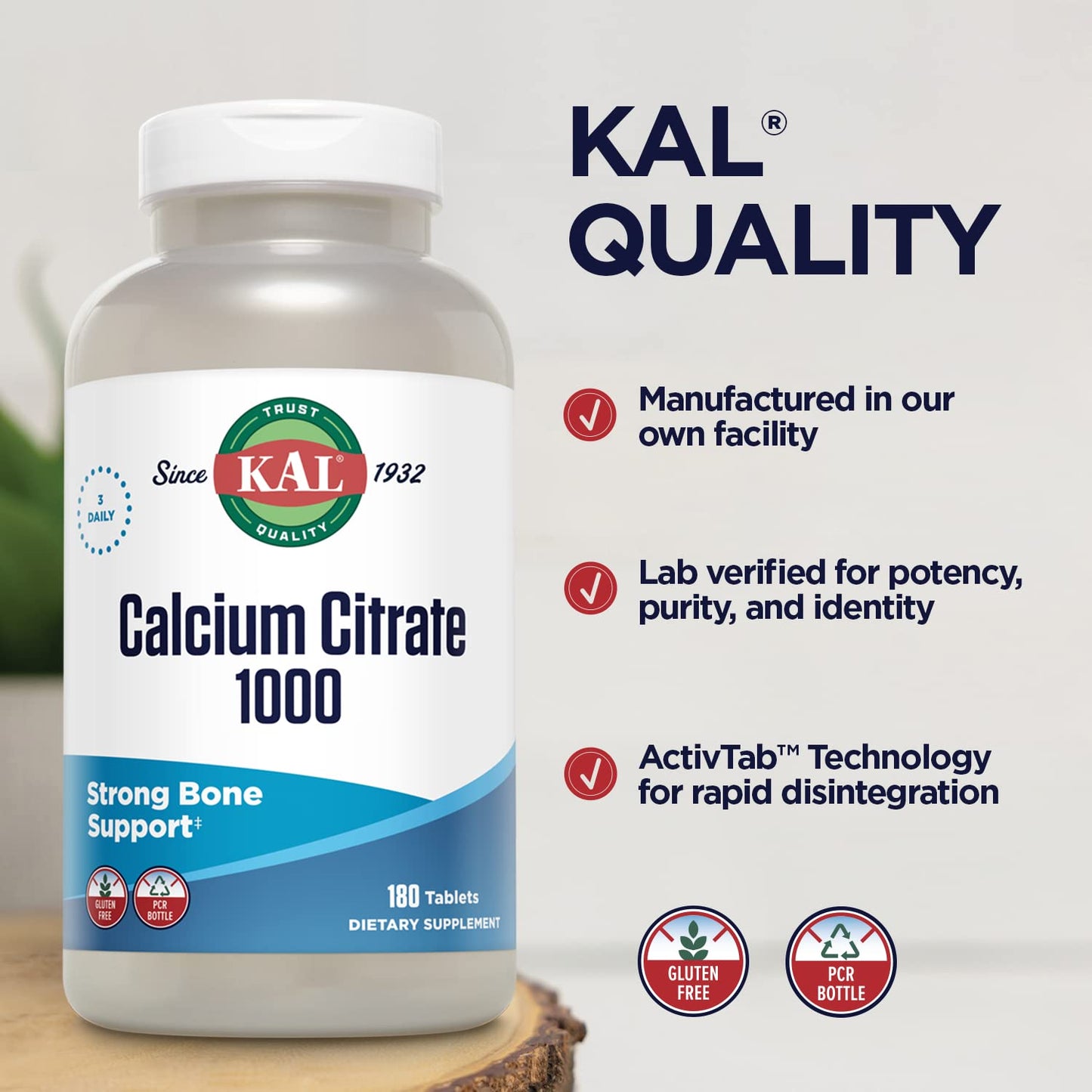 KAL Calcium Citrate 1000mg | 60 Servings | Gluten Free & Lab Verified