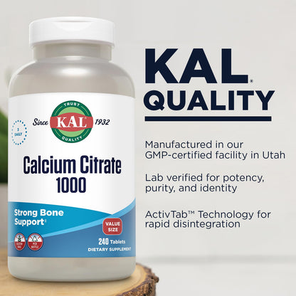 KAL Calcium Citrate 1000mg – Bone Health for Women & Men | Gluten Free