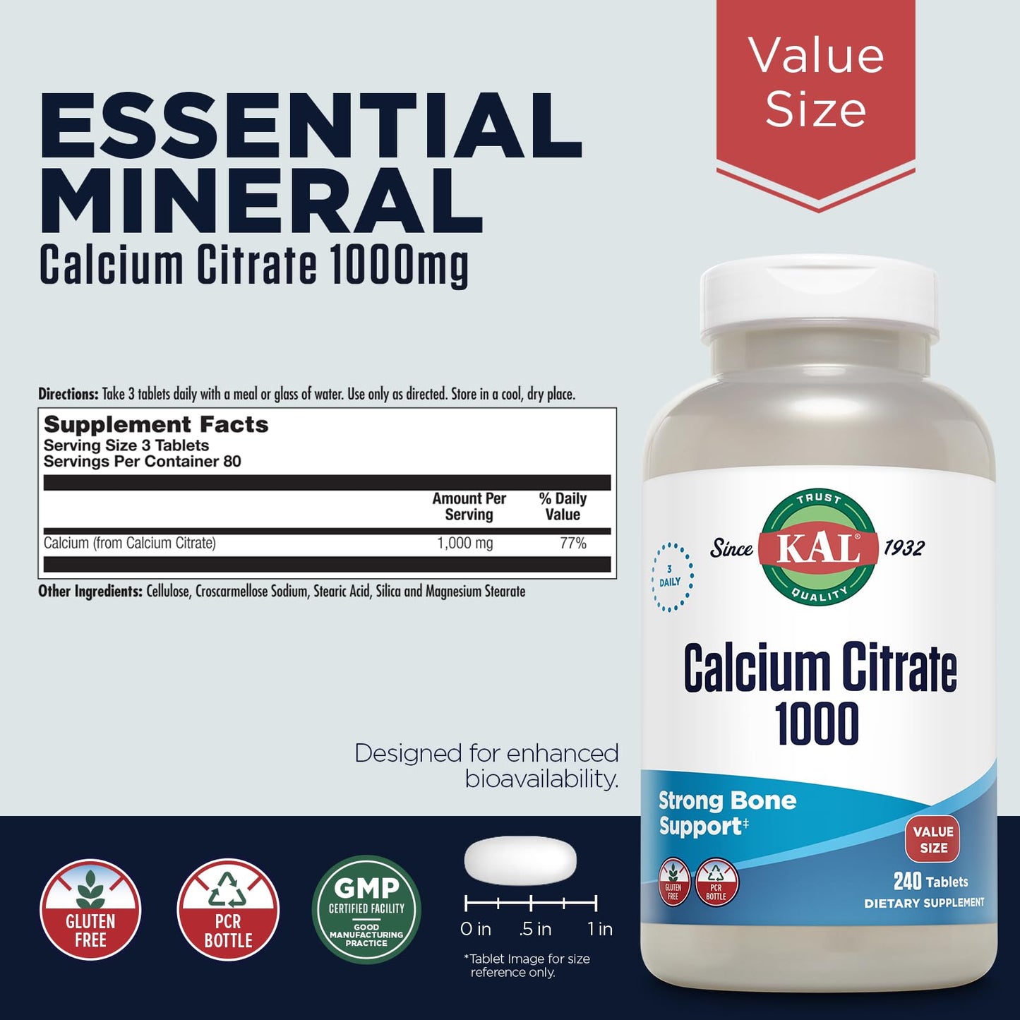 KAL Calcium Citrate 1000mg – Bone Health for Women & Men | Gluten Free
