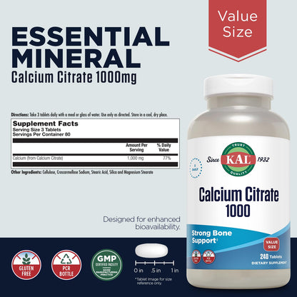 KAL Calcium Citrate 1000mg – Bone Health for Women & Men | Gluten Free