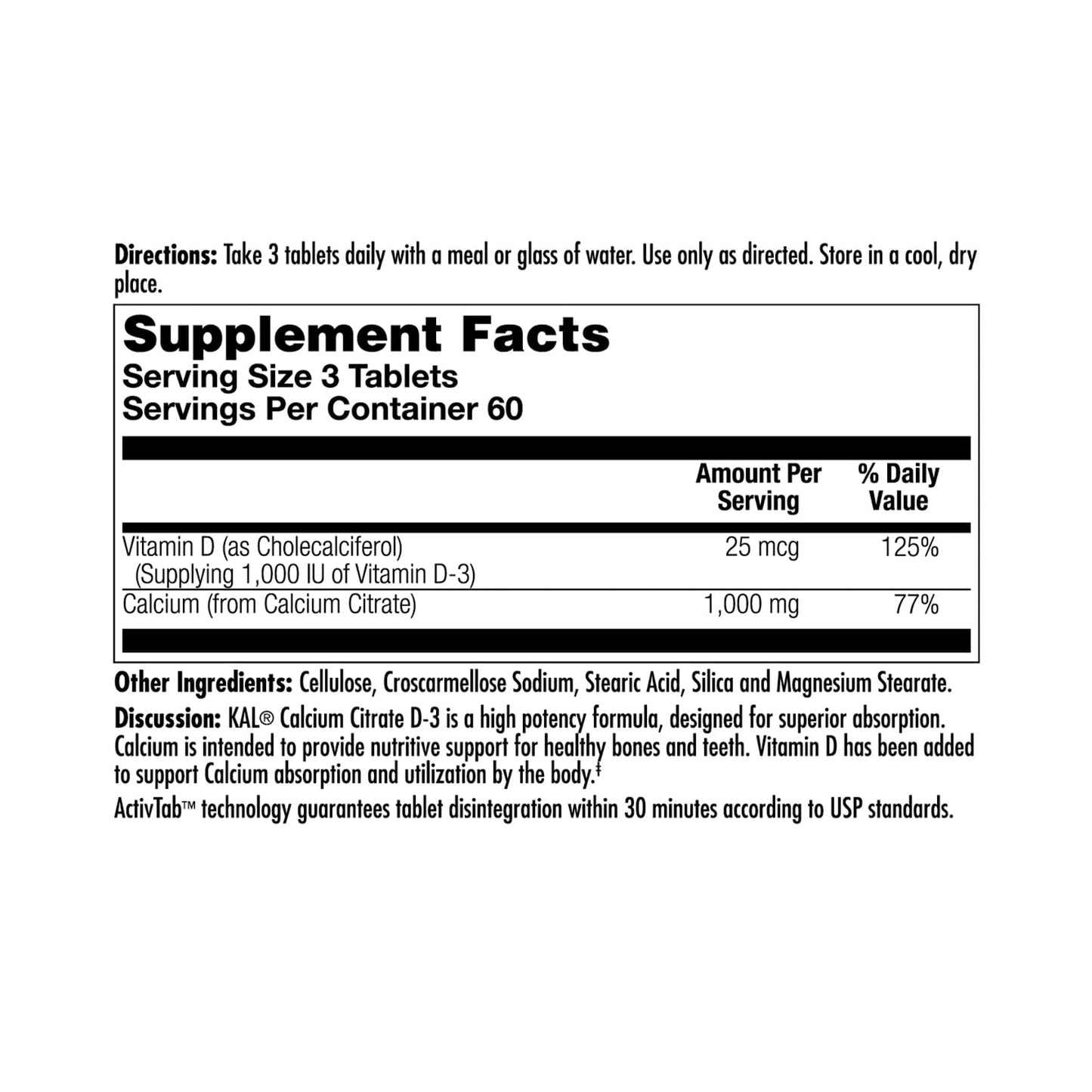 KAL Calcium Citrate with Vitamin D 1000 IU - 1000 mg, 180 Count