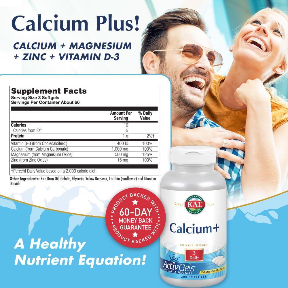 KAL Calcium Plus Tablets 1000 mg - 200 Count | Vegetarian
