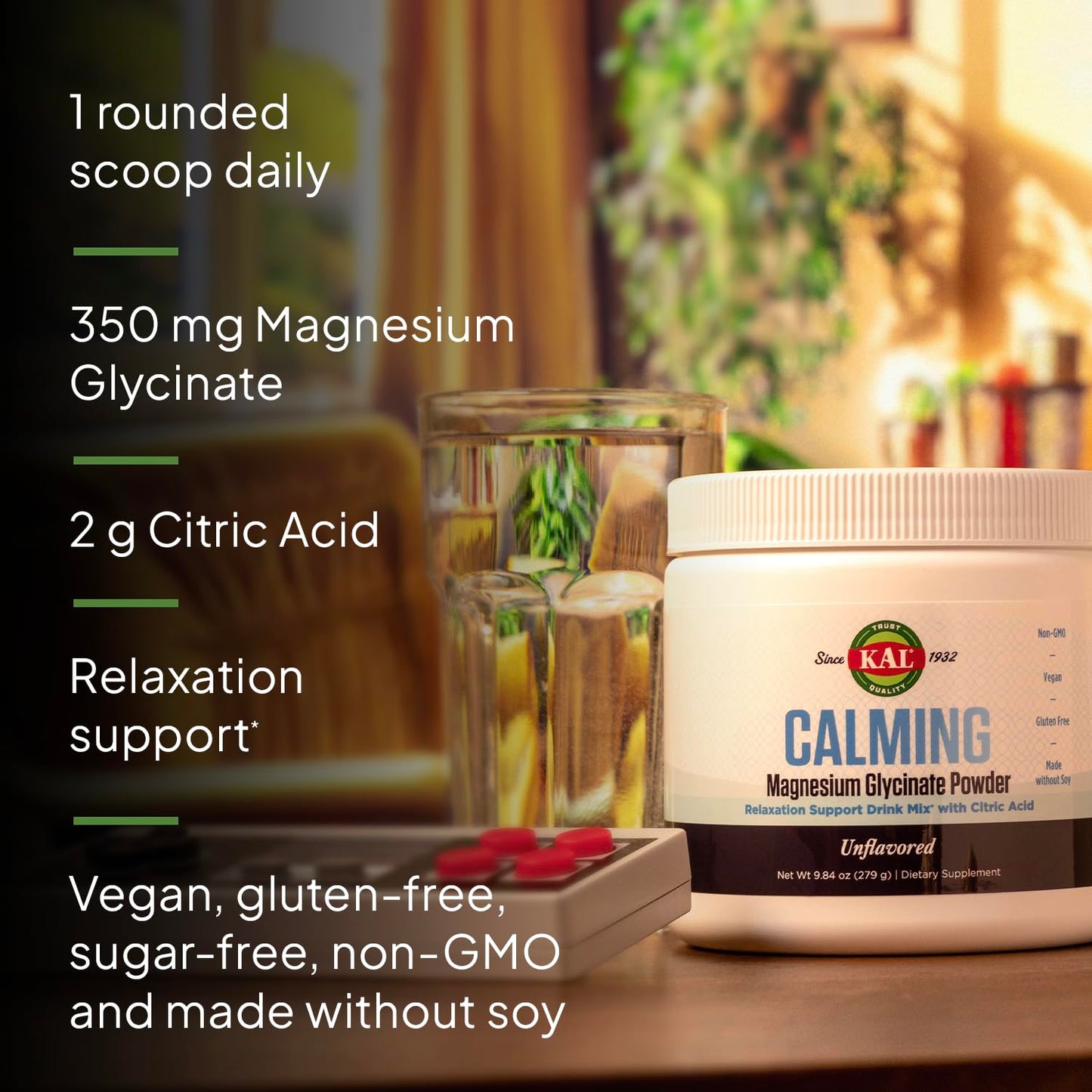 KAL Calming Magnesium Glycinate Powder – Citric Acid, Unflavored, 8.5 oz – Relaxation & Nerve Support