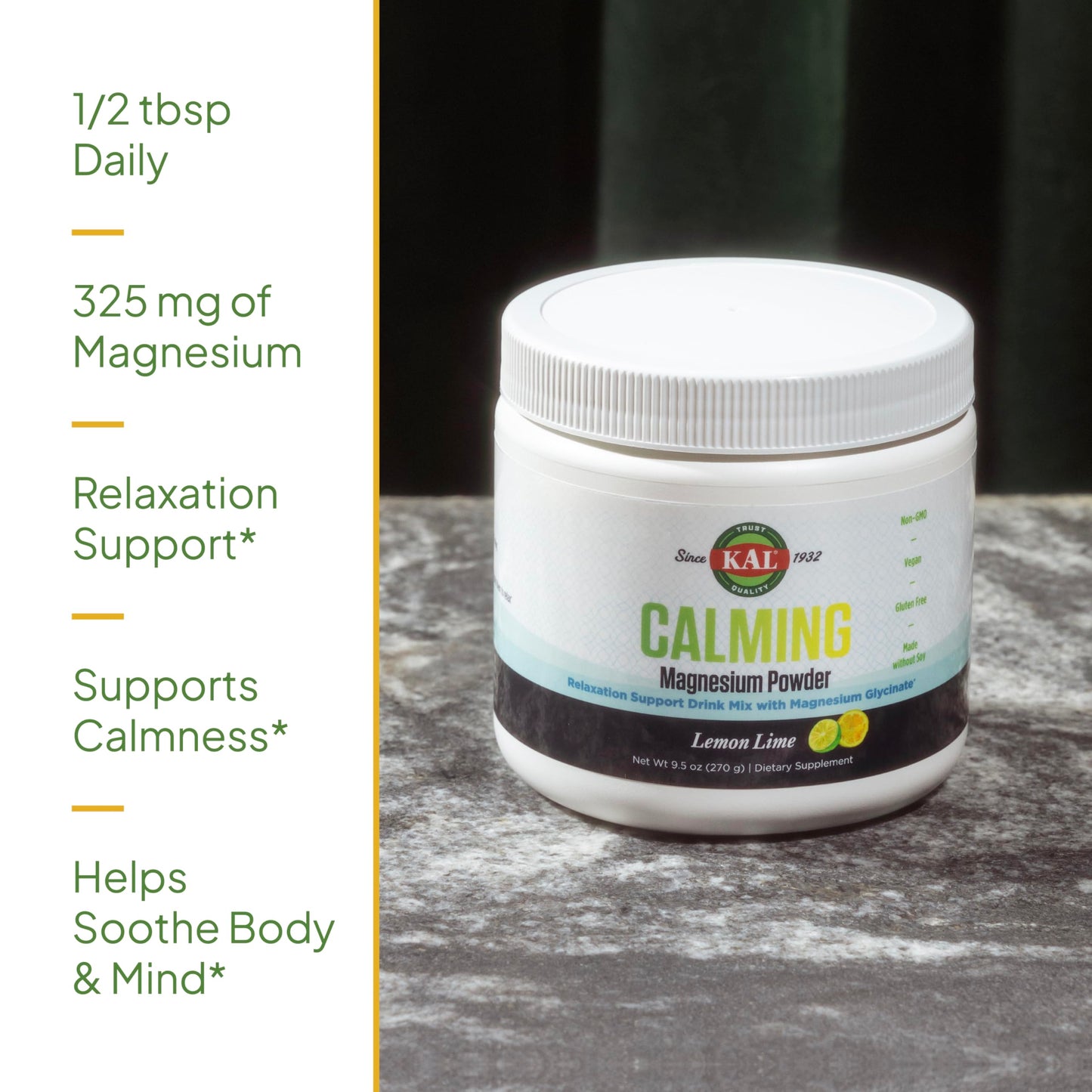 KAL Calming Magnesium Powder - Lemon Lime | High Absorption Magnesium Glycinate, 40 Servings
