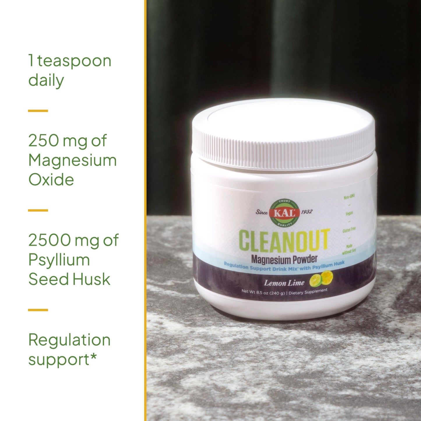 KAL Cleanout Magnesium Plus Psyllium Husk Powder – Lemon Lime | 40 Servings, 8.5 oz