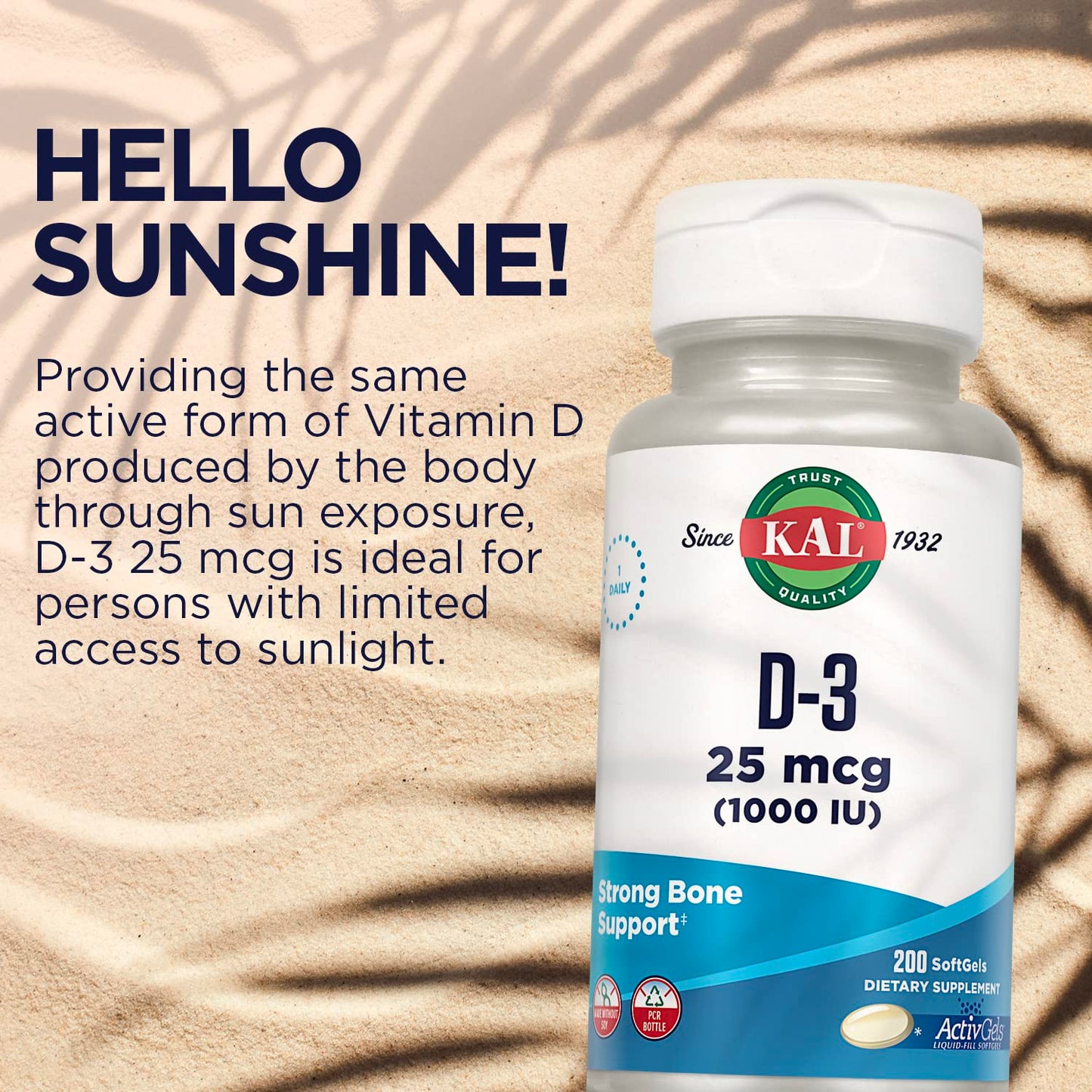 KAL Vitamin D3 1000 IU Softgels – ActivGel, Immune Support, Bone Health (200 Servings)