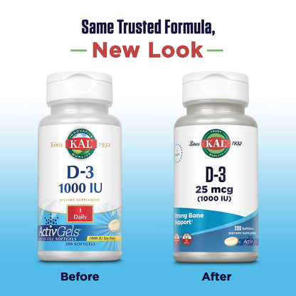 KAL Vitamin D3 1000 IU Softgels – ActivGel, Immune Support, Bone Health (200 Servings)