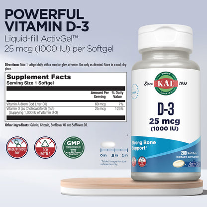 KAL Vitamin D3 1000 IU Softgels – ActivGel, Immune Support, Bone Health (200 Servings)