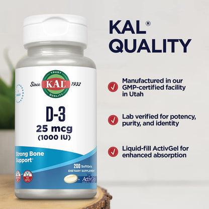 KAL Vitamin D3 1000 IU Softgels – ActivGel, Immune Support, Bone Health (200 Servings)