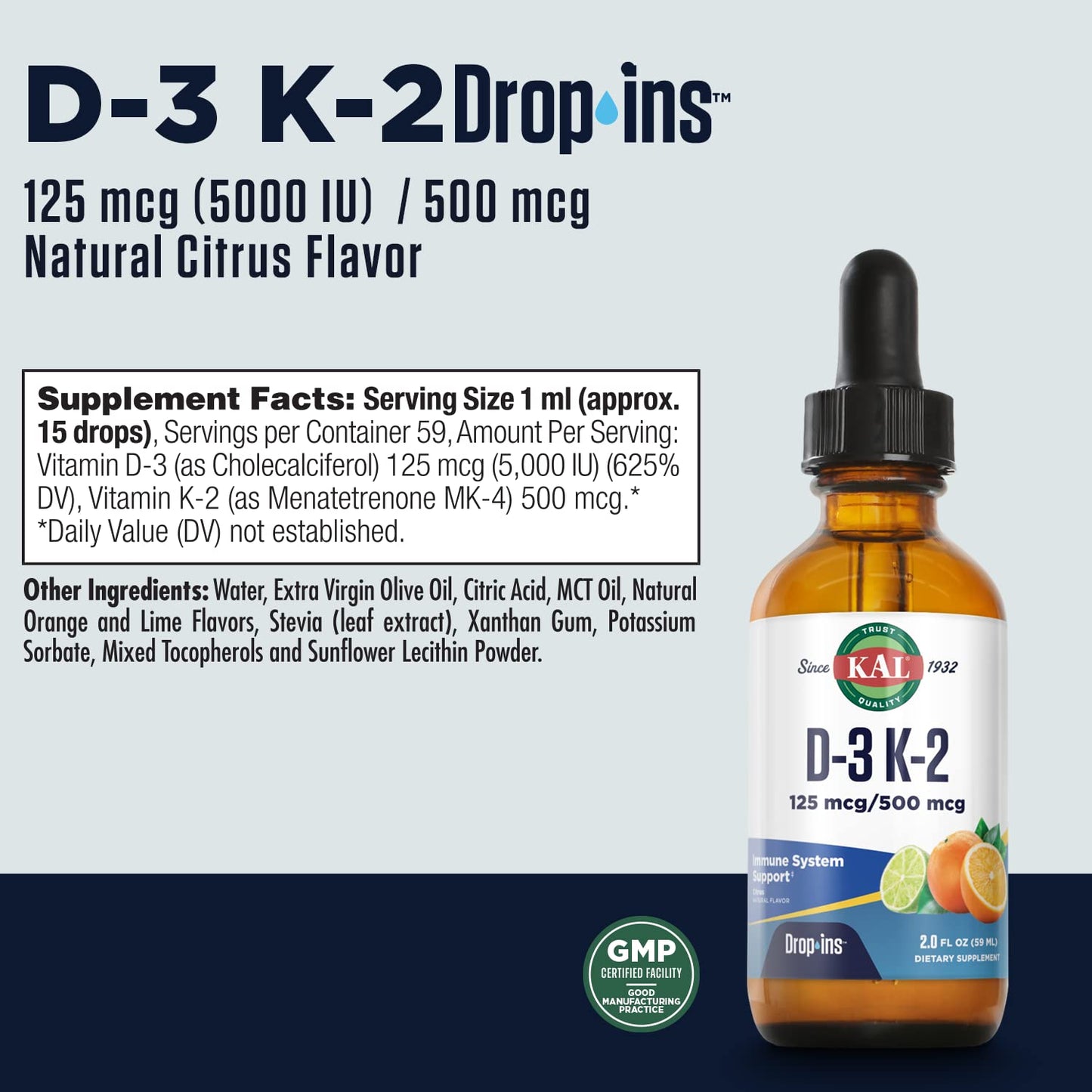 KAL D3 K2 DropIns - Liquid Vitamin D3 + K2 Drops for Bone & Immune Health