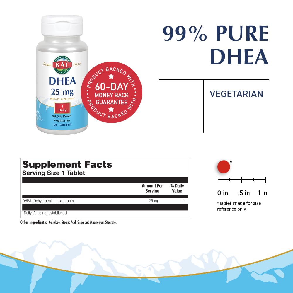 KAL DHEA Vegetarian Tablets 25 mg – 60 Count | Immune & Hormone Support