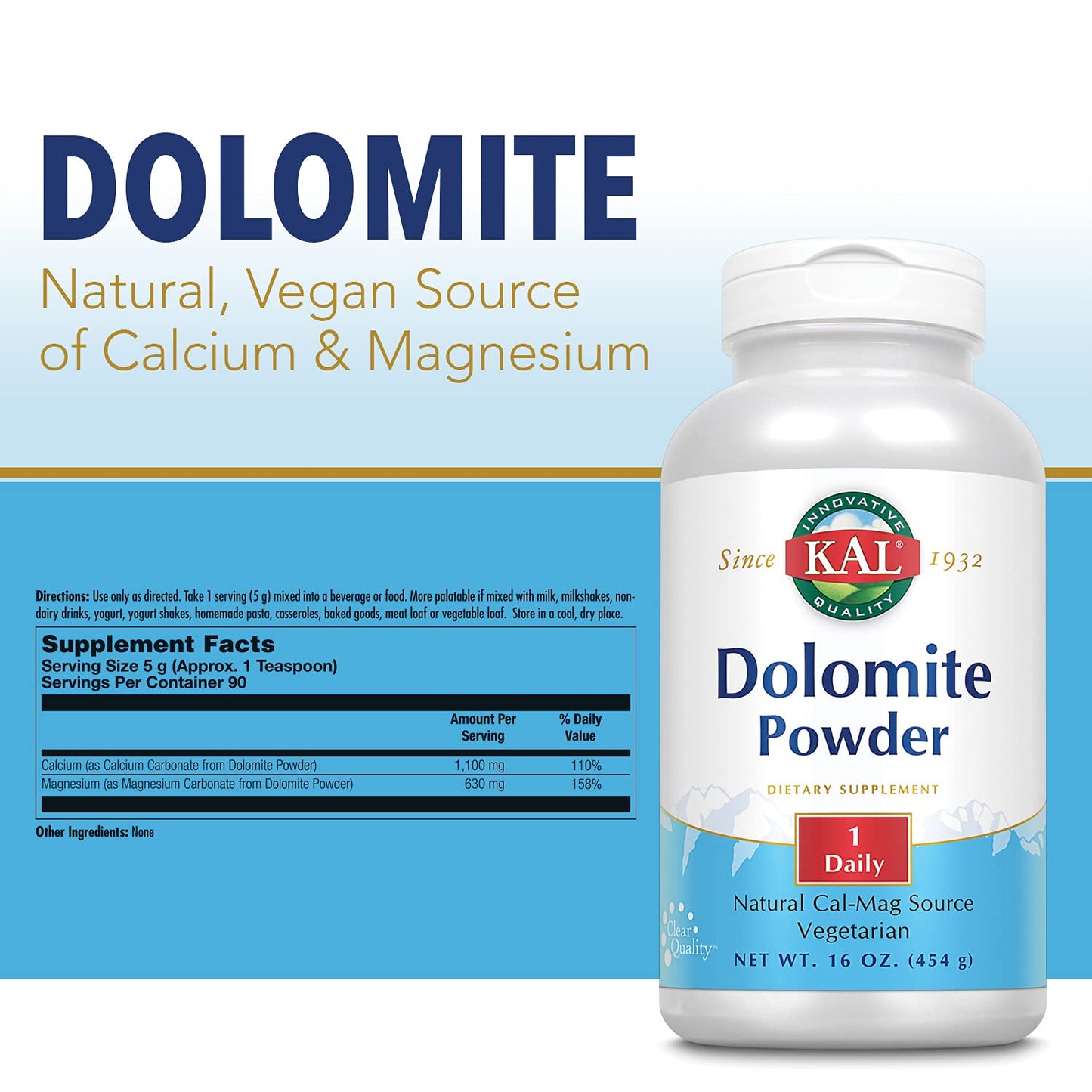 Kal Dolomite Powder, 16 Ounce – Calcium & Magnesium Source (Vegan)