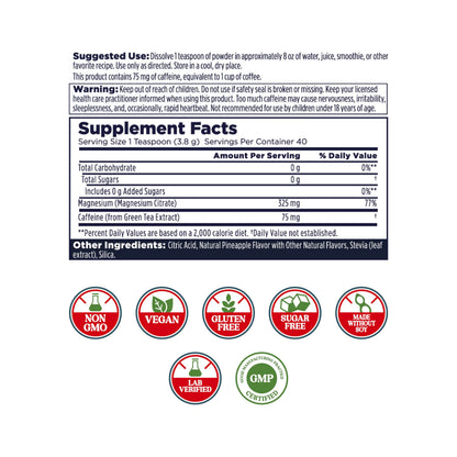 KAL Energy Magnesium Powder Drink – Pineapple Flavor, Sugar Free, 40 Servings | Magnesium Citrate with Green Tea Caffeine