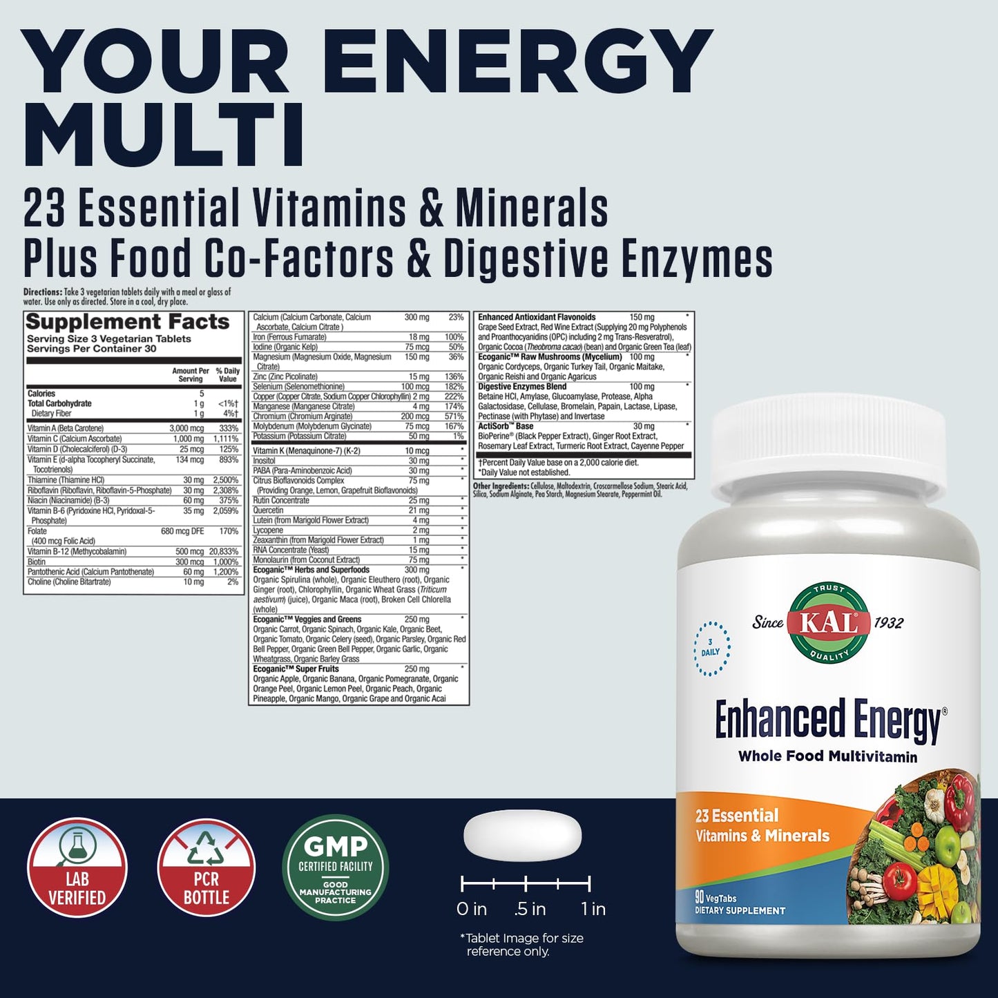 Kal Enhanced Energy, 90 Count - Energy Supplement with ActiSorb & BioPerine